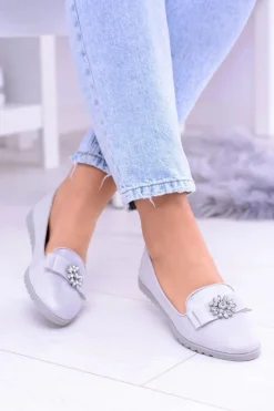 Srebrne Damskie Baleriny Lordsy Cyrkonie Rumi