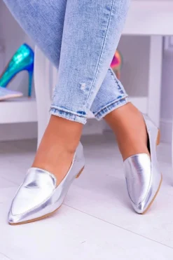 Srebrne Lustrzane Mokasyny Damskie Lu Boo Mireldo