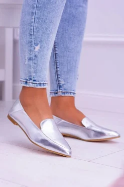 Srebrne Lustrzane Mokasyny Damskie Lu Boo Mireldo