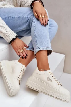 Stylowe Sneakersy Na Masywnej Platformie Jasnobeżowe Vallexia