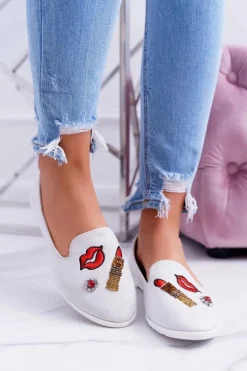 Szare Damskie Baleriny Naszywki Lipstick