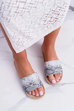 Szare Damskie Klapki Skóra Węża Mindset