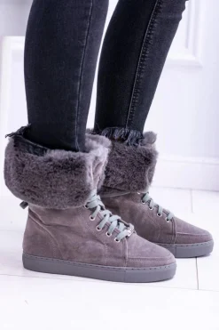 Szare Zamszowe Botki LU BOO Timberki z Futrem