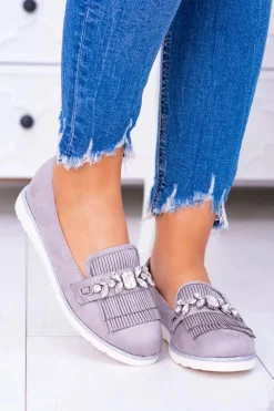 Szare Zamszowe Mokasyny z Kryształami Vivaro