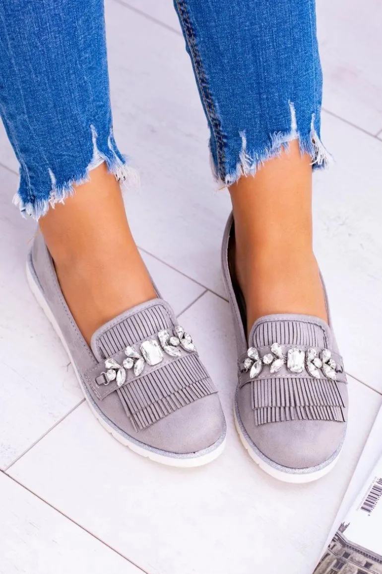 Szare Zamszowe Mokasyny z Kryształami Vivaro