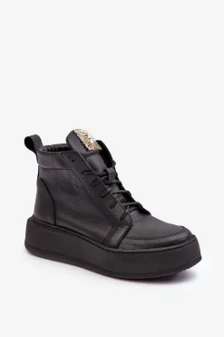 Sznurowane Botki Damskie Z Ozdobą Skórzane Czarne Nicole 2833