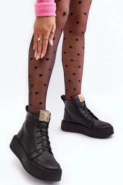 Sznurowane Botki Damskie Z Ozdobą Skórzane Czarne Nicole 2833