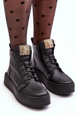 Sznurowane Botki Damskie Z Ozdobą Skórzane Czarne Nicole 2833