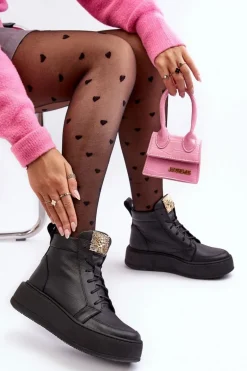 Sznurowane Botki Damskie Z Ozdobą Skórzane Czarne Nicole 2833