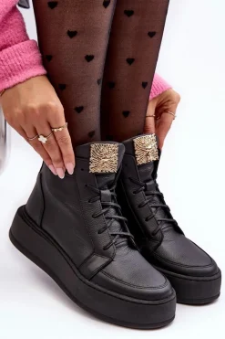 Sznurowane Botki Damskie Z Ozdobą Skórzane Czarne Nicole 2833