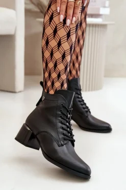 Sznurowane Botki Damskie Na Obcasie Ze Skóry Naturalnej Ocieplane Czarne Vinceza 91110