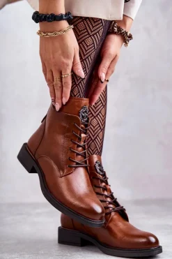 Sznurowane Botki Na Płaskim Obcasie Karmelowe Grete