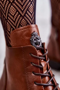 Sznurowane Botki Na Płaskim Obcasie Karmelowe Grete