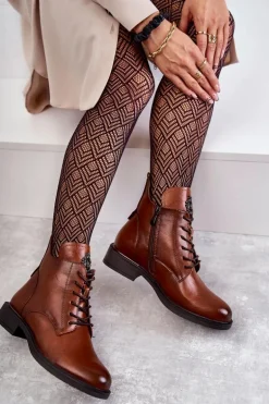 Sznurowane Botki Na Płaskim Obcasie Karmelowe Grete