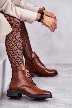 Sznurowane Botki Na Płaskim Obcasie Karmelowe Grete