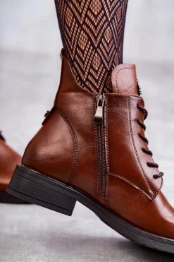 Sznurowane Botki Na Płaskim Obcasie Karmelowe Grete