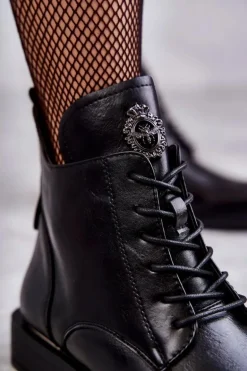 Sznurowane Botki Na Płaskim Obcasie Czarne Grete
