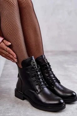 Sznurowane Botki Na Płaskim Obcasie Czarne Grete