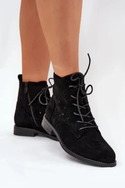 Sznurowane Botki Z Ażurowym Wzorem S.Barski HY51-136 Czarne