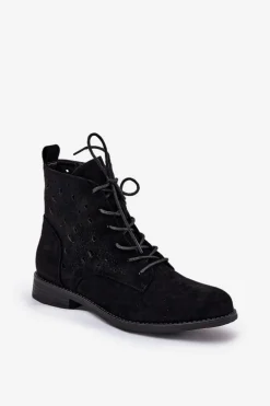 Sznurowane Botki Z Ażurowym Wzorem S.Barski HY51-136 Czarne