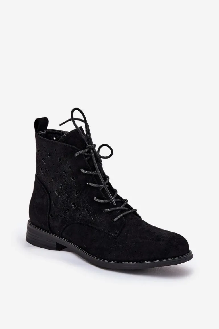 Sznurowane Botki Z Ażurowym Wzorem S.Barski HY51-136 Czarne