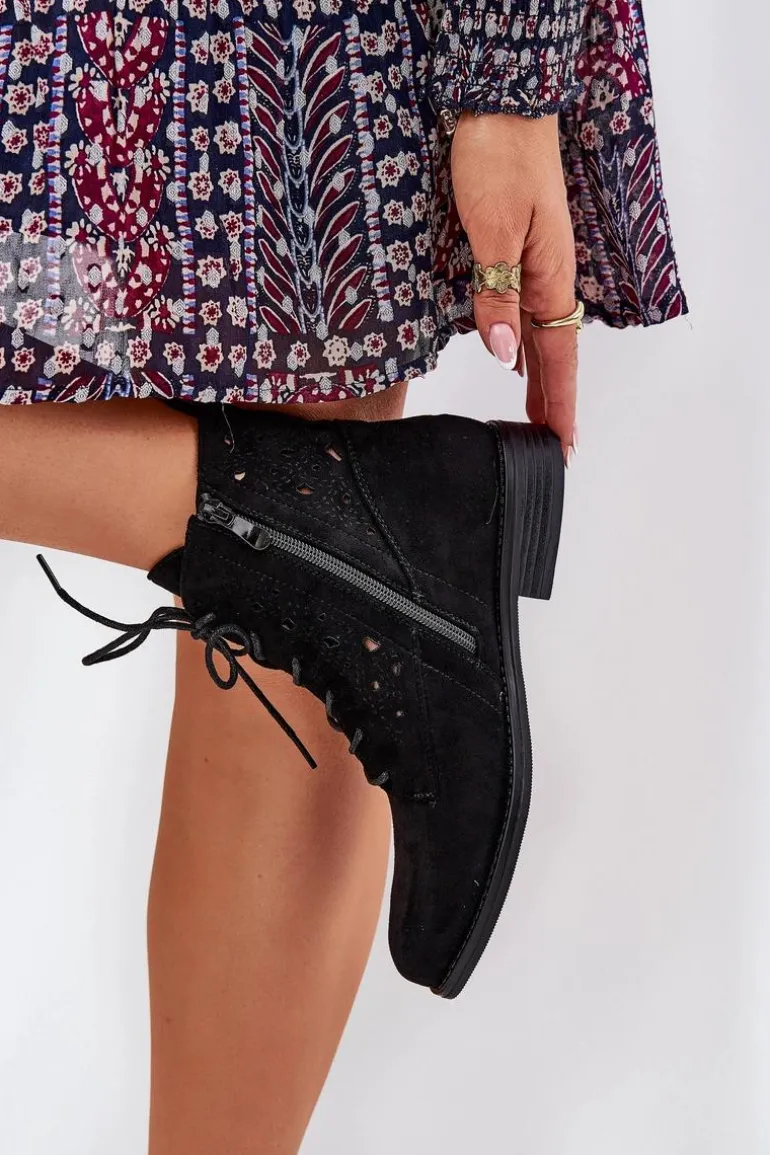 Sznurowane Botki Z Ażurowym Wzorem S.Barski HY51-136 Czarne