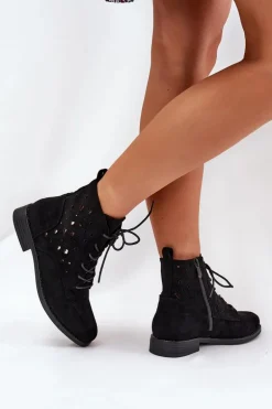 Sznurowane Botki Z Ażurowym Wzorem S.Barski HY51-136 Czarne
