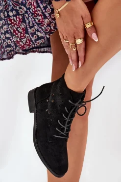 Sznurowane Botki Z Ażurowym Wzorem S.Barski HY51-136 Czarne