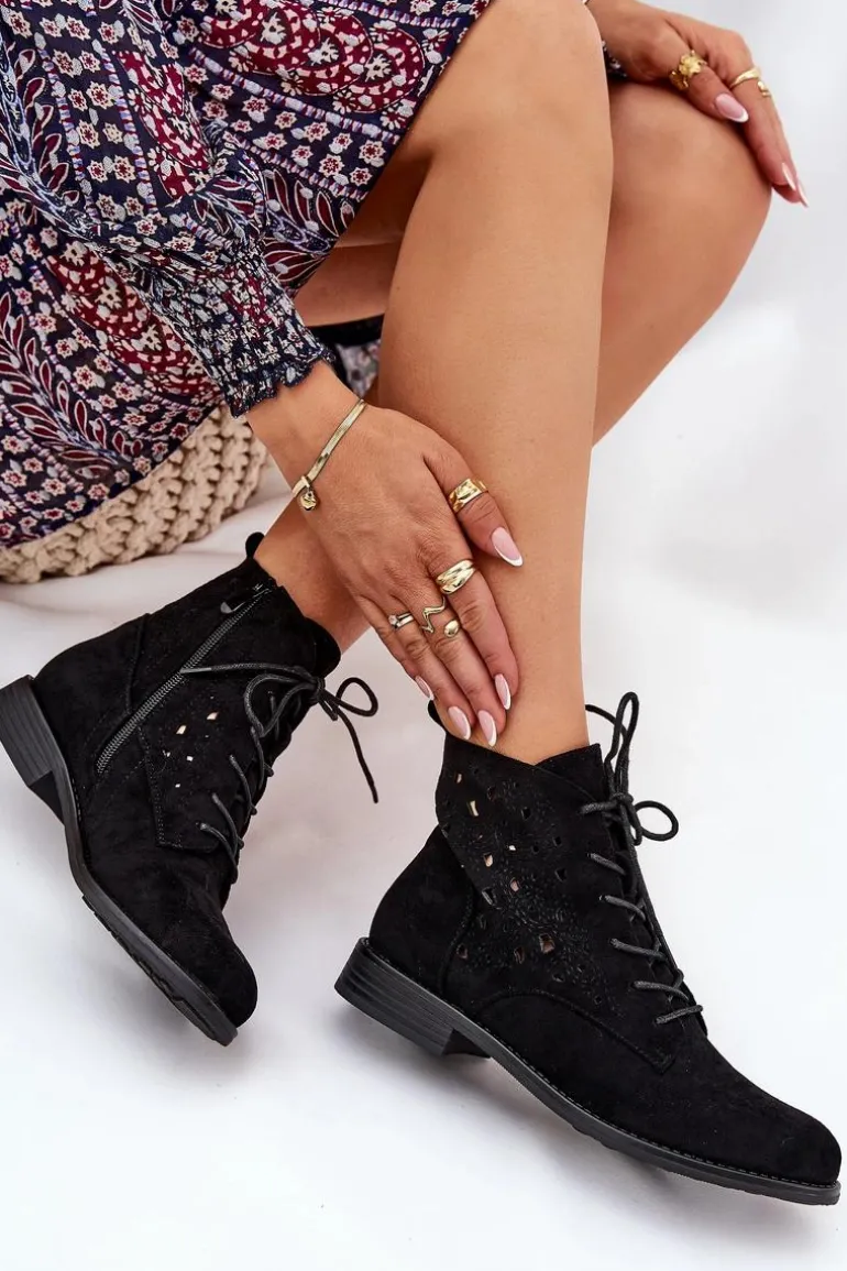 Sznurowane Botki Z Ażurowym Wzorem S.Barski HY51-136 Czarne