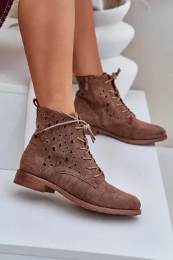 Sznurowane Botki Z Ażurowym Wzorem S.Barski HY51-136 Brązowe