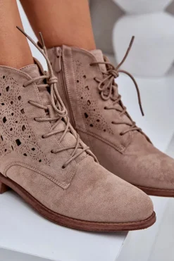Sznurowane Botki Z Ażurowym Wzorem S.Barski HY51-136 Beżowe