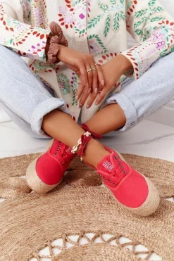 Sznurowane Espadryle Na Plecionej Platformie Big Star FF274141 Czerwone