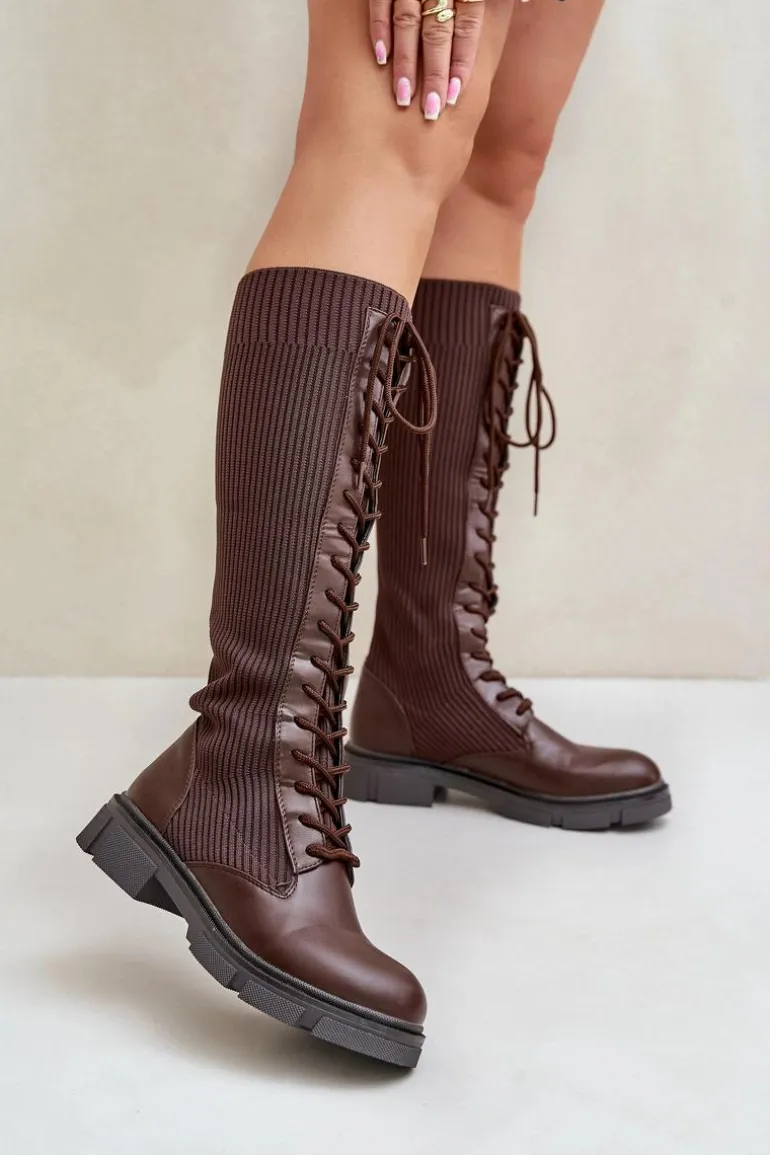 Sznurowane Kozaki Z Elastyczną Cholewką Brązowe Vamilena