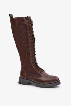 Sznurowane Kozaki Z Elastyczną Cholewką Brązowe Vamilena