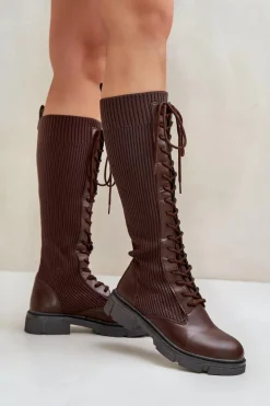 Sznurowane Kozaki Z Elastyczną Cholewką Brązowe Vamilena