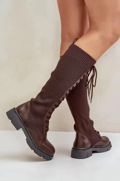 Sznurowane Kozaki Z Elastyczną Cholewką Brązowe Vamilena