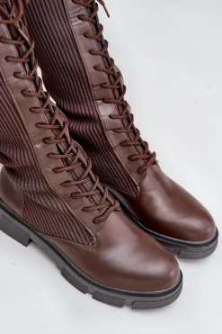 Sznurowane Kozaki Z Elastyczną Cholewką Brązowe Vamilena