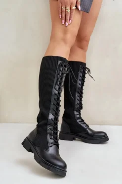 Sznurowane Kozaki Z Elastyczną Cholewką Czarne Vamilena