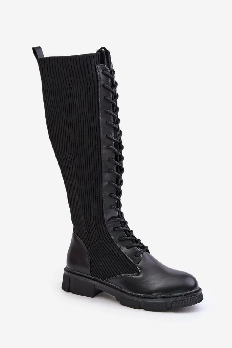 Sznurowane Kozaki Z Elastyczną Cholewką Czarne Vamilena