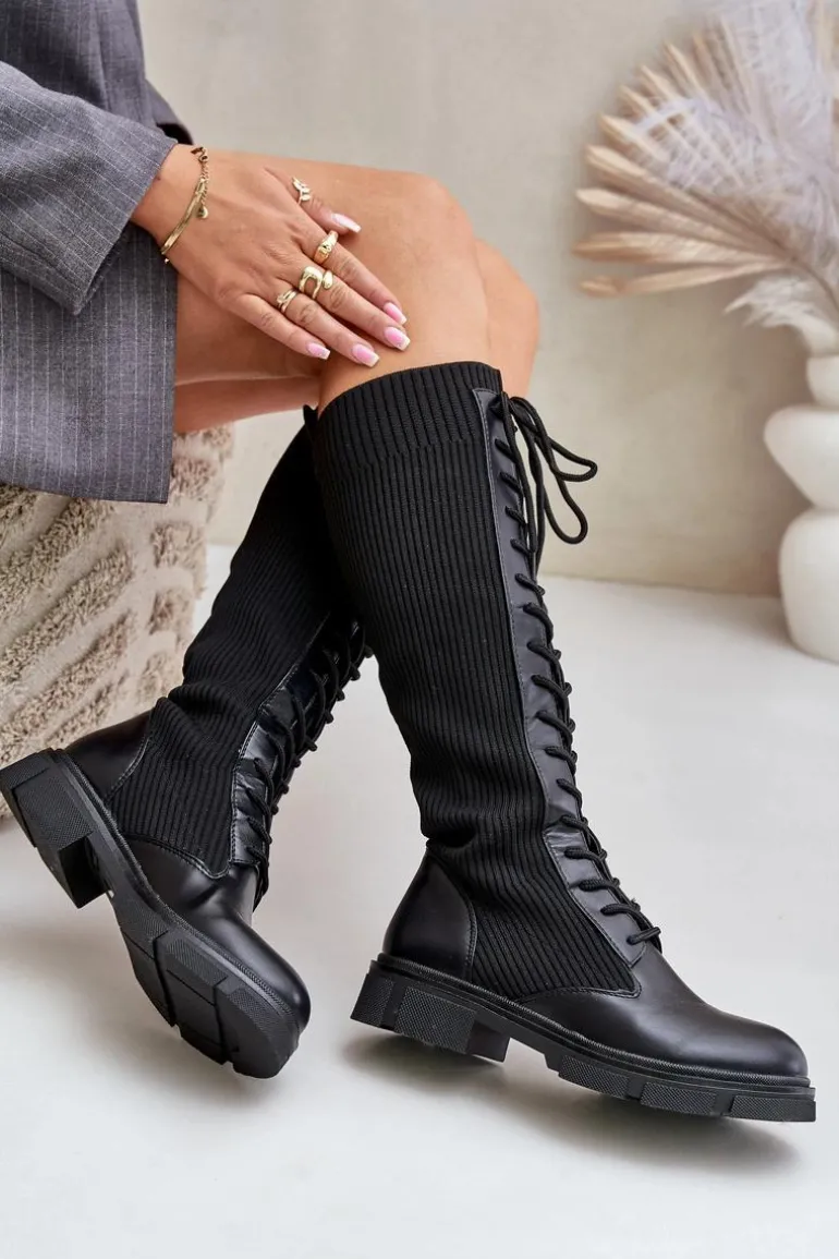 Sznurowane Kozaki Z Elastyczną Cholewką Czarne Vamilena