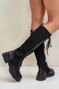 Sznurowane Kozaki Z Elastyczną Cholewką Czarne Vamilena
