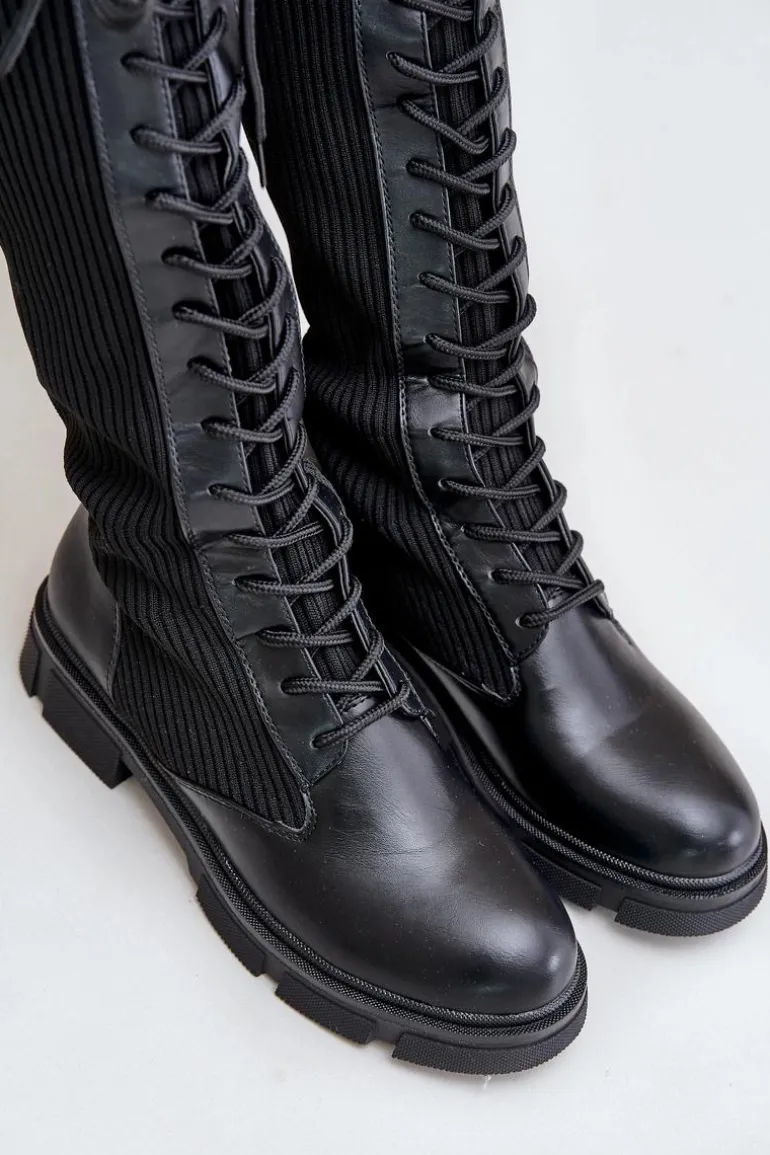 Sznurowane Kozaki Z Elastyczną Cholewką Czarne Vamilena