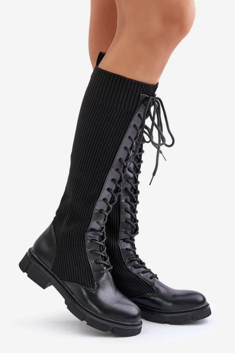 Sznurowane Kozaki Z Elastyczną Cholewką Czarne Vamilena