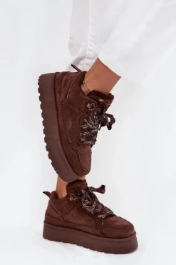 Sznurowane Śniegowce Damskie Na Platformie Ocieplane Futerkiem Brązowe Tavelle