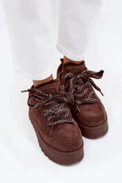 Sznurowane Śniegowce Damskie Na Platformie Ocieplane Futerkiem Brązowe Tavelle