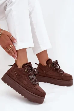 Sznurowane Śniegowce Damskie Na Platformie Ocieplane Futerkiem Brązowe Tavelle
