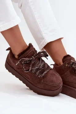 Sznurowane Śniegowce Damskie Na Platformie Ocieplane Futerkiem Brązowe Tavelle