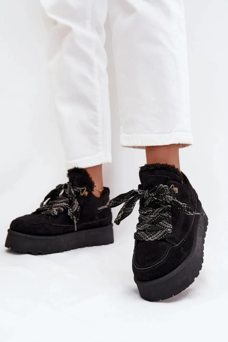 Sznurowane Śniegowce Damskie Na Platformie Ocieplane Futerkiem Czarne Tavelle