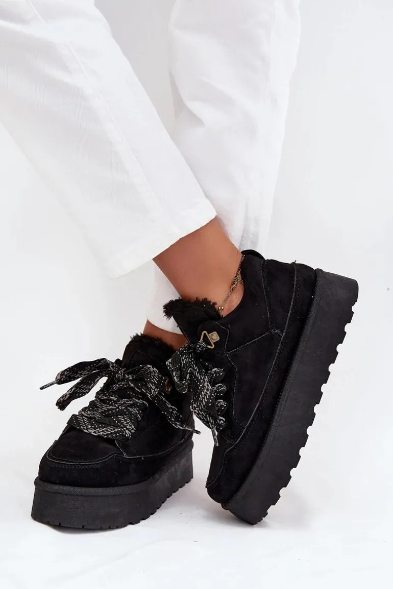 Sznurowane Śniegowce Damskie Na Platformie Ocieplane Futerkiem Czarne Tavelle