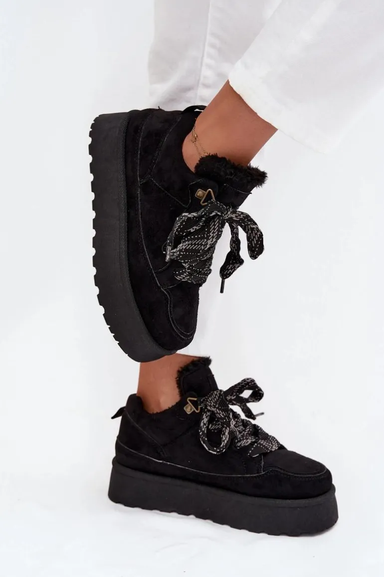 Sznurowane Śniegowce Damskie Na Platformie Ocieplane Futerkiem Czarne Tavelle